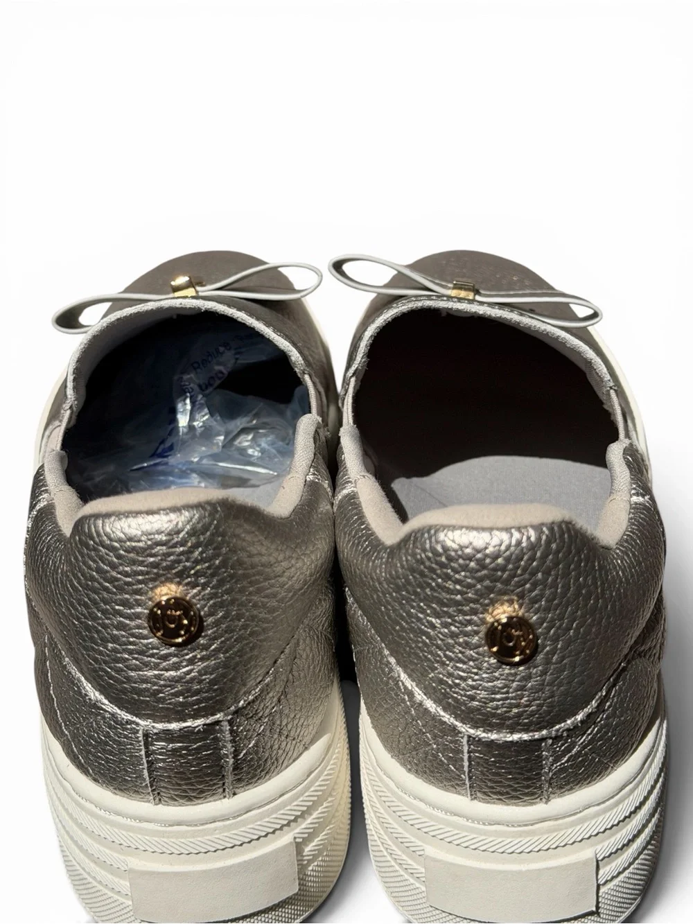 Joy Luxe Genuine Leather Bow Platform Sneakers Orthotic Slip On Pewter‎ 7.5W